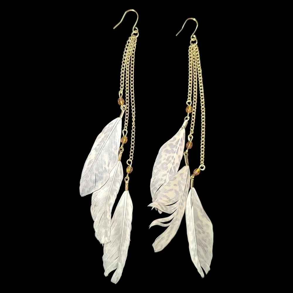 Boho Feather Shoulder Duster Dangle Earrings Gold Tone 6
